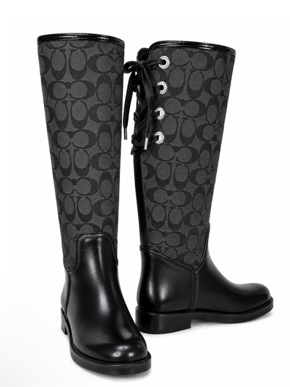 Coach Tristee Signature C Lace-Up Rain Boots All Black Size 9B